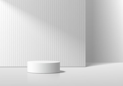 3D podium background with white cylinder podium on vertical pattern wall scene with light shadow. Platforms mockup product display presentation. Abstract composition in minimal design. Stage showcase.