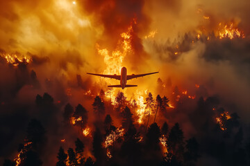 Plane flies over a forest engulfed in flames, and billowing smoke rises from the burning trees. The...