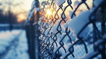 snow on the metallic wire mesh chain fence in winter farm land. 