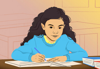 Student studying and taking notes in classroom
