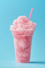Pink crushed ice slushy in a clear cup with a straw, set against a complementary blue background