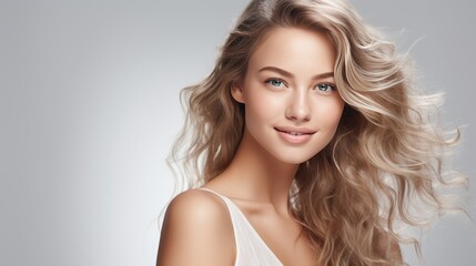 Naklejka premium beautiful ,woman, glowing, skin, hair, elegant ,aura, medical ,spa, website ,banner, realistic, image, white, background, cleanliness, purity, beauty, radiant ,skin, poised, appearance, visually str