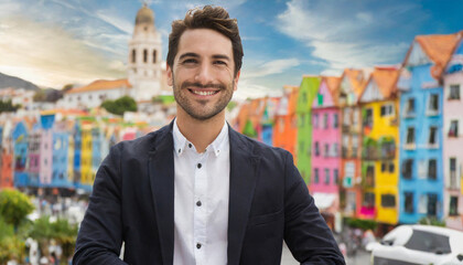Happy young  business man with colorful, Happy and cool smile on face and colorful background