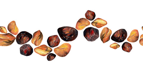 Hand drawn watercolor illustration precious semiprecious jewel gem crystal chakra birth stone. Amber garnet sunstone. Seamless border isolated on white background. Design print, shop, jewelry, fashion