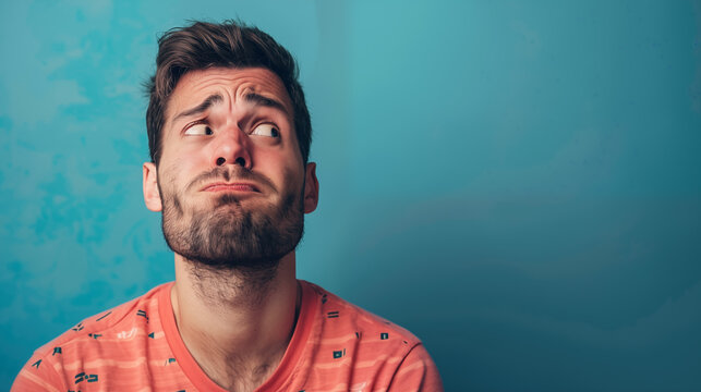 Close up of a man making a funny guilty face on a plain blue background