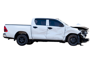 Car crash, Side view of white pickup car get hard damaged by accident on the road. damaged cars after collision. isolated on transparent background, PNG File