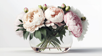 Selective focus on a bouquet of fresh tender white and pink peonies in a glass vase against a white background. - 745673260