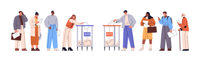 Different voters put ballot paper in transparent box. People in queue line vote at election day. Person casts questionnaire with social choice in container. Flat isolated vector illustration on white
