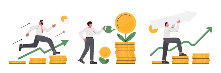 Financial growth vector illustration set. Business people investing money. Financial success and money growth. - obrazy, fototapety, plakaty