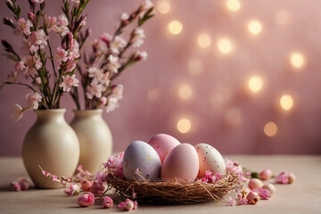 Easter eggs in a nest with pink flowers on a light background