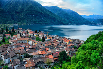 Naklejka na ściany i meble Porlezza town on Lake Lugano, Province of Como, Lombardy, Italy, Europe
