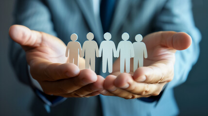 A conceptual image of a leader's hands cradling a diverse set of paper people cutouts, symbolizing inclusivity, teamwork, and community in the corporate world.