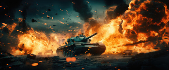 a fire breaks out from a tank,battle, maneuver - obrazy, fototapety, plakaty