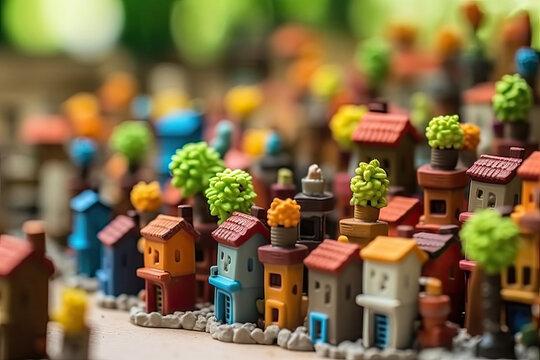 Detailed view of several small houses closely packed together. Each house is distinct, showcasing unique colors and designs