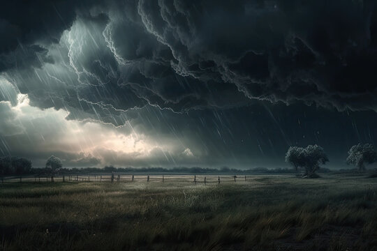 Storm is looming over a vast field, with dark clouds gathering and the sky darkening as the wind begins to pick up