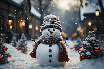 Snowman wearing a bright red scarf and hat standing in a snowy landscape