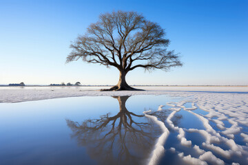 Single tree stands tall in the center of a frozen lake, surrounded by ice and snow, with a stark winter landscape in the background