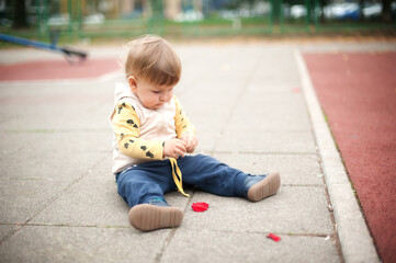 Curious toddler examines a red leaf on a warm, sunlit day at the park. Concept of love, care, parenthood