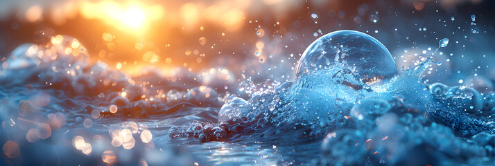 Smooth water wave reflects vibrant colors in nature beaut,
Water splash with radiant reflections 

 - obrazy, fototapety, plakaty