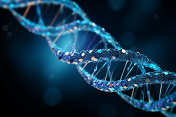 DNA double helix with blue and white lighting against a dark background, highlighting its twists and nucleotide bonds, symbolizing biotechnology and genetics research.