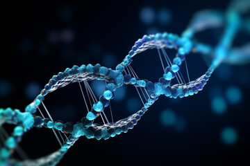 DNA double helix with blue and white lighting against a dark background, highlighting its twists and nucleotide bonds, symbolizing biotechnology and genetics research.