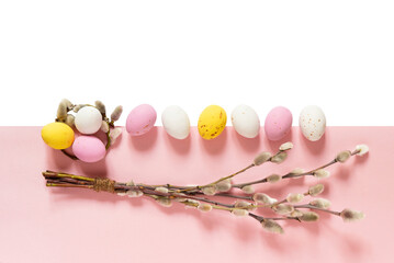 Easter multicolored pastel eggs and willow catkins on pink and isolated transparent background....