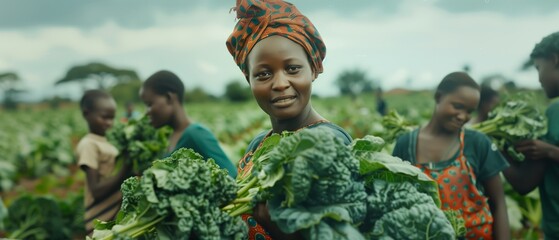 Harvesting joy, African farmers in traditional clothing gather leafy greens in rural field, embracing community, happiness and sustainable agriculture.