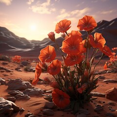 Golden sunlight illuminates delicate orange poppies in a Martian desert at dusk