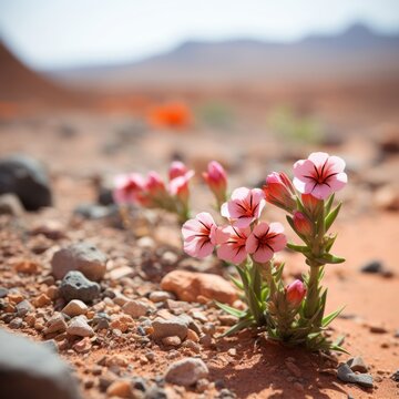 Vibrant pink flowers blooming resiliently amidst a barren Martian-like red rocky terrain