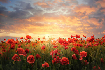 A watercolor painting depicts a poppy field stretching towards a peaceful sunset, symbolizing the hope for lasting peace