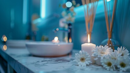 Spa blur bathroom contemporary interior blue light color background white marble table with aroma candle light for show, promote and design content or product on display concept