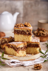 Sponge cake bars with walnuts and cinnamon layered filling, covered with sugar powder. Delicious homemade sweet pie bars with nuts. 