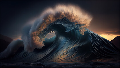 Super high wave in the gloomy light of sunset. AI generated.