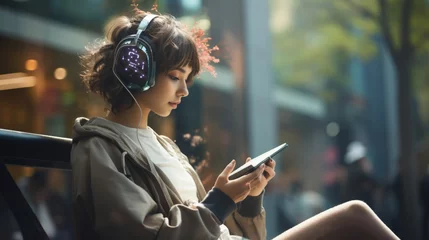 Fotobehang Teenage girl with futuristic headphones engrossed in her smartphone on a busy city street © Irina Kozel