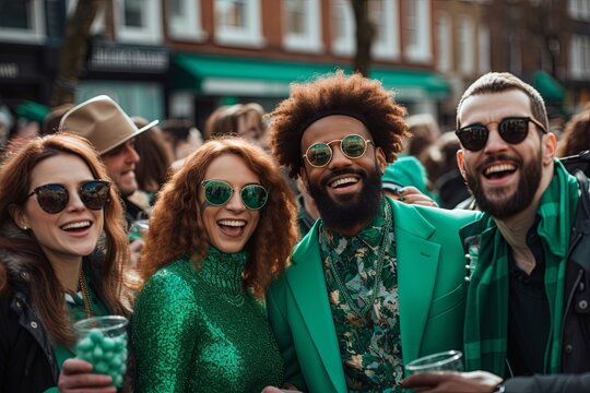 A group people in green posing happily for a picture, with sunglasses and hats. St.Patrick 's Day.