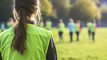 Back view of a coach in a green jacket watching a youth soccer team training on a sunny field.