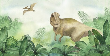Watercolor illustration of banner or frame with a dinosaur Tyrannosaurus rex and pterodactyl in green jungle with palm leaves, watercolor texture, handmade. For children's room decor, © dakora
