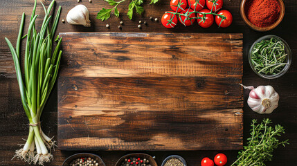 Fresh tomatoes on the vine, herbs, and spices surrounding a rustic wooden cutting board on a dark surface.