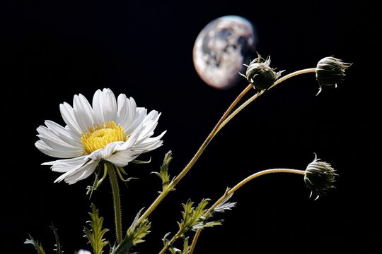 Delicate white daisy contrasts against the dark void of space with the Earth rising in the background