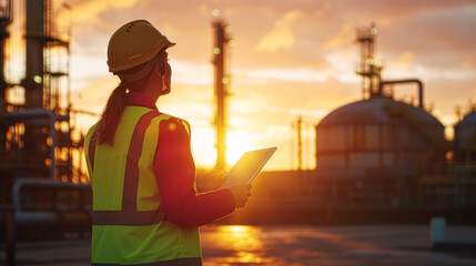Fototapeta premium Silhouetted worker with tablet at refinery during golden hour.