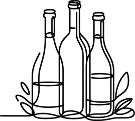 wine drink in continuous line drawing minimalist style, food illustration, party, valentine, bottle of wine, 