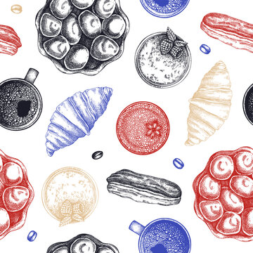 French pastries seamless pattern. Vintage bakery sketches. European cafe menu design. France background. Hand-drawn vector illustration, NOT AI generated