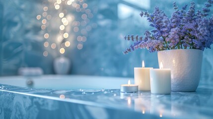 Spa blur bathroom contemporary interior blue light color background white marble table with aroma candle light for show, promote and design content or product on display concept