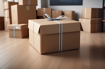 Gift box in kraft paper on background of other boxes