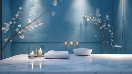 Spa blur bathroom contemporary interior blue light color background white marble table with aroma candle light for show, promote and design content or product on display concept