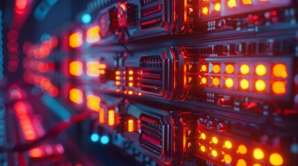 Close-up view of a data center server rack with vibrant red LED lights indicating active data processing and network operations.