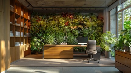 A contemporary office space featuring a lush green living wall, wooden furniture, and ample natural light.