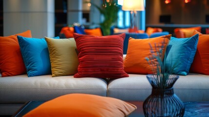 Brightly colored decorative pillows arranged on a contemporary sofa in a stylish living room interior.