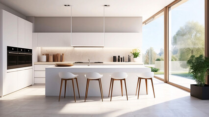 Bright and airy modern kitchen with sleek white cabinetry and breakfast bar overlooking a serene outdoor view
