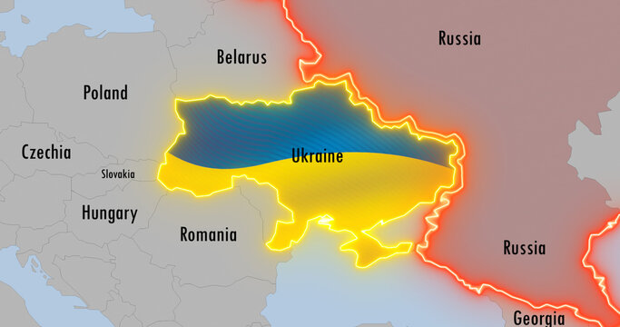 Russia and Ukraine map on world map. Borders of Russia and Ukraine.